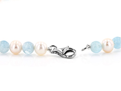 White Cultured Freshwater Pearl & Aquamarine Rhodium Over Silver Necklace, Bracelet, & Earrings Set
