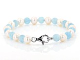 White Cultured Freshwater Pearl & Aquamarine Rhodium Over Silver Necklace, Bracelet, & Earrings Set