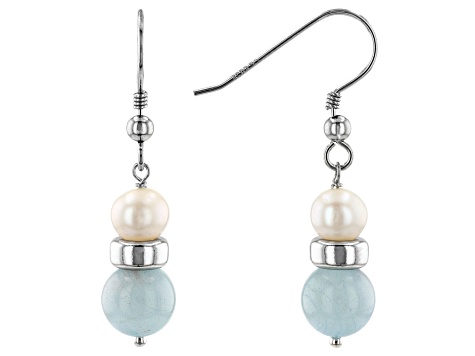 White Cultured Freshwater Pearl & Aquamarine Rhodium Over Sterling Silver Earrings
