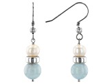 White Cultured Freshwater Pearl & Aquamarine Rhodium Over Sterling Silver Earrings