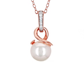 White Cultured Japanese Akoya Pearl With Diamond Accent 18k Rose Gold Over Silver Pendant With Chain