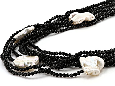 White Cultured Keshi Freshwater Pearl, Black Spinel, & White Zircon Rhodium Over Silver Necklace