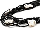 White Cultured Keshi Freshwater Pearl, Black Spinel, & White Zircon Rhodium Over Silver Necklace