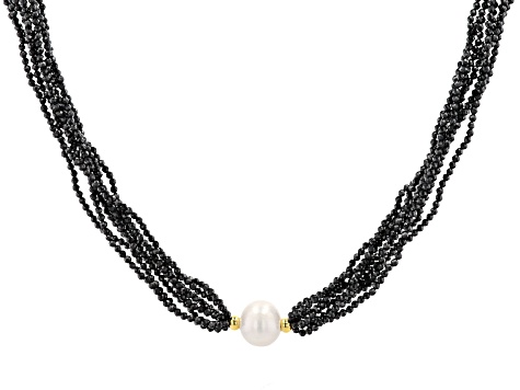 White Cultured Freshwater & Black Spinel 18k Yellow Gold Over Sterling Silver 20 Inch Necklace - MPL498 - Vimarsana News