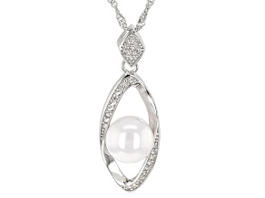 White Cultured Japanese Akoya Pearl & White Zircon Rhodium Over Sterling Silver Pendent With Chain
