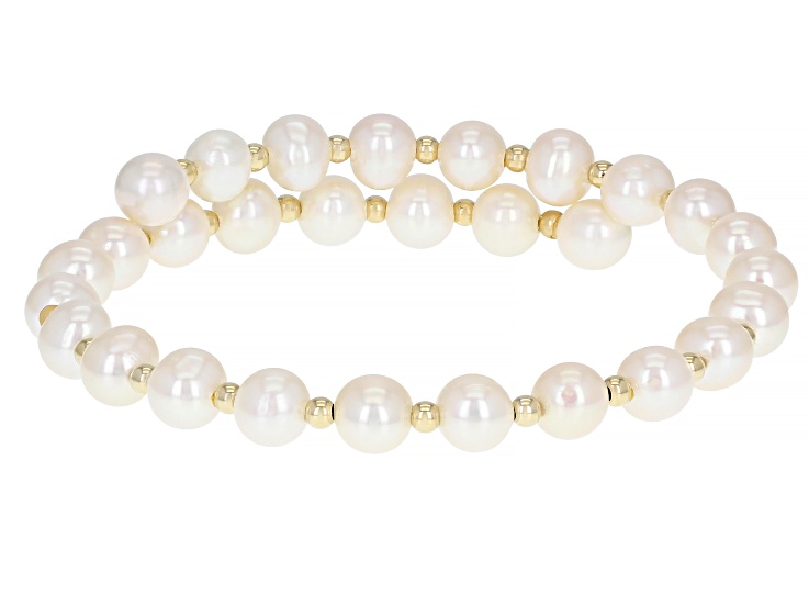 White Cultured Freshwater Pearl 14k Yellow Gold Wrap Bracelet