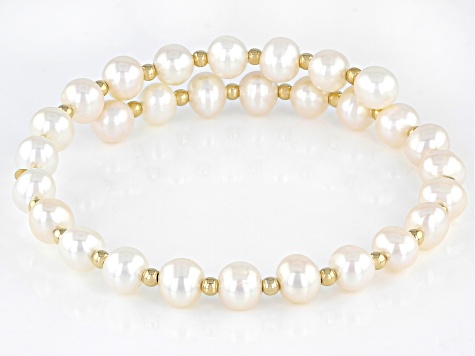 White Cultured Freshwater Pearl 14k Yellow Gold Wrap Bracelet