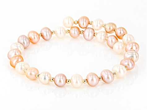 Multi-Color Cultured Freshwater Pearl 14k Yellow Gold Wrap Bracelet