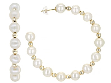 Picture of White Cultured Freshwater Pearl 14k Yellow Gold Hoop Earrings
