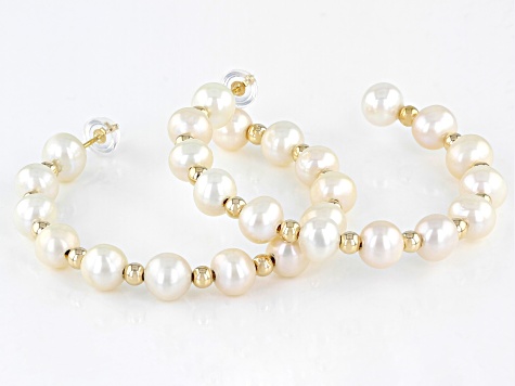 White Cultured Freshwater Pearl 14k Yellow Gold Hoop Earrings