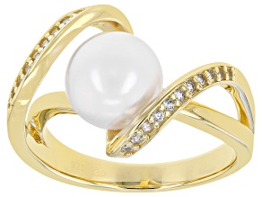White Cultured Japanese Akoya & White Zircon 18k Yellow Gold Over Sterling Silver Ring