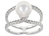 White Cultured Japanese Akoya Pearl & White Zircon Rhodium Over Sterling Silver Ring