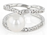 White Cultured Japanese Akoya Pearl & White Zircon Rhodium Over Sterling Silver Ring