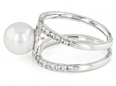 White Cultured Japanese Akoya Pearl & White Zircon Rhodium Over Sterling Silver Ring