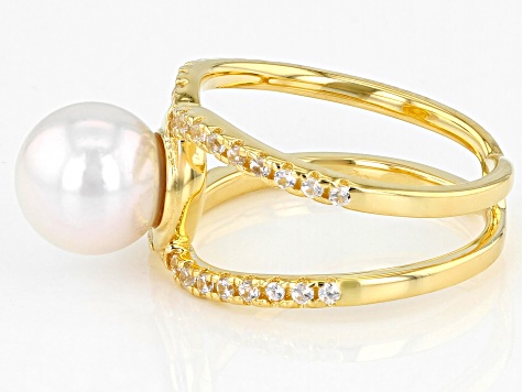White Cultured Japanese Akoya Pearl & White Zircon 18k Yellow Gold Over Sterling Silver Ring