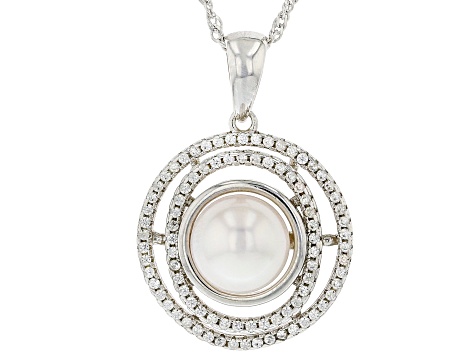 White Cultured Japanese Akoya Pearl & White Zircon Rhodium Over Sterling Silver Pendant With Chain