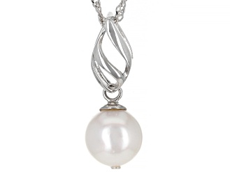 White Cultured Japanese Akoya Pearl Rhodium Over Sterling Silver Pendant With Chain