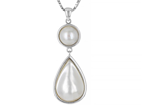 White Cultured South Sea Mabe Pearl Rhodium Over Sterling Silver Pendant With Chain