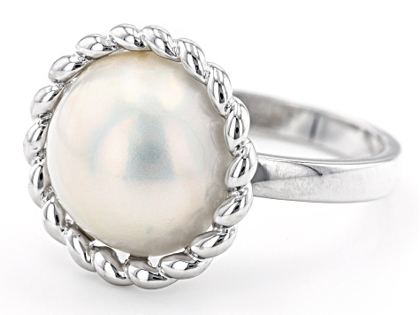 White Cultured South Sea Mabe Pearl Rhodium Over Sterling Silver Ring