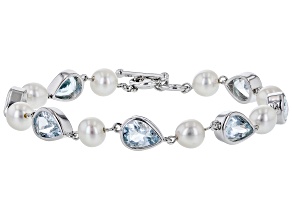 White Cultured Freshwater Pearl & Aquamarine Rhodium Over Silver 7.5 Inch Bracelet