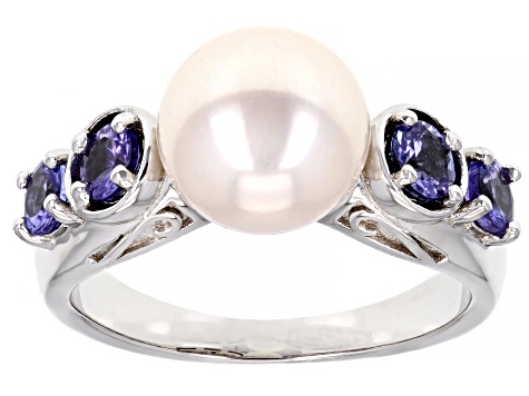 White Cultured Freshwater Pearl & Tanzanite Rhodium Over Sterling Silver Ring
