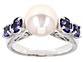 White Cultured Freshwater Pearl & Tanzanite Rhodium Over Sterling Silver Ring