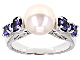 White Cultured Freshwater Pearl & Tanzanite Rhodium Over Sterling Silver Ring