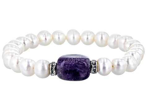White Cultured Freshwater Pearl Amethyst and Rhinestone Rhodium Over Silver Stretch Bracelet