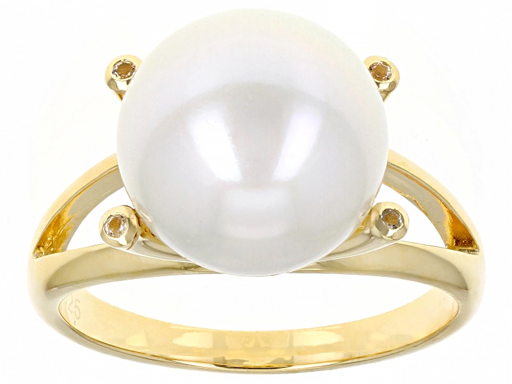 White Cultured Freshwater Pearl & White Topaz 18k Yellow Gold Over Sterling Silver Ring