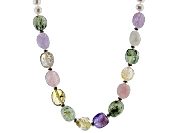 Picture of White Cultured Freshwater Pearl Multi-Gem  & Rhinestone Rhodium Over Silver 20 Inch Necklace