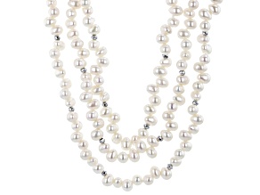 White Cultured Freshwater Pearl & Hematine Rhodium Over Silver Multi-Strand 20 Inch Necklace