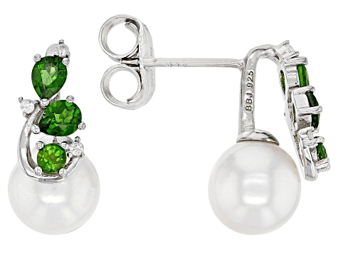 White Cultured Freshwater Pearl Chrome Diopside & White Zircon Rhodium Over Silver Earrings