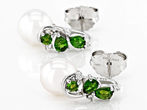 White Cultured Freshwater Pearl Chrome Diopside & White Zircon Rhodium Over Silver Earrings