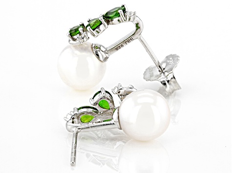 White Cultured Freshwater Pearl Chrome Diopside & White Zircon Rhodium Over Silver Earrings