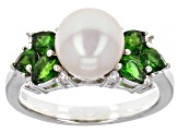 White Cultured Freshwater Pearl Chrome Diopside & White Zircon Rhodium Over Silver Ring