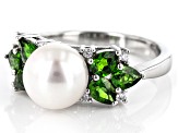 White Cultured Freshwater Pearl Chrome Diopside & White Zircon Rhodium Over Silver Ring