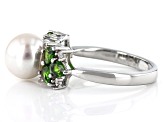White Cultured Freshwater Pearl Chrome Diopside & White Zircon Rhodium Over Silver Ring