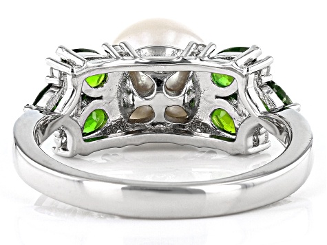 White Cultured Freshwater Pearl Chrome Diopside & White Zircon Rhodium Over Silver Ring