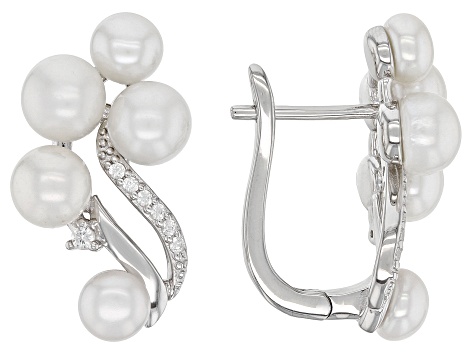 White Cultured Freshwater Pearl With White Zircon Rhodium Over Sterling Silver Earrings