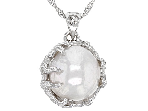 White Cultured Freshwater Pearl Rhodium Over Sterling Silver Pendant ...