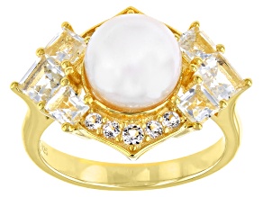 White Cultured Freshwater Pearl And White Topaz 18k Yellow Gold Over Sterling Silver Ring