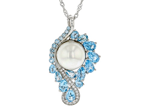 White Cultured Freshwater Pearl With Blue & White Topaz Rhodium Over Silver Brooch Enhancer/Chain