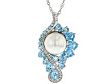 White Cultured Freshwater Pearl With Blue & White Topaz Rhodium Over Silver Brooch Enhancer/Chain