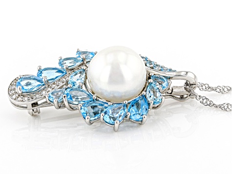 White Cultured Freshwater Pearl With Blue & White Topaz Rhodium Over Silver Brooch Enhancer/Chain