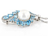 White Cultured Freshwater Pearl With Blue & White Topaz Rhodium Over Silver Brooch Enhancer/Chain