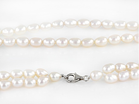 White Cultured Freshwater Pearl Rhodium Over Sterling Silver Multi-Row 18 Inch Necklace