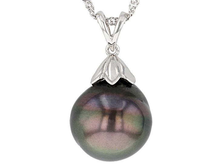 Cultured Tahitian Pearl Rhodium Over Sterling Silver Pendant With Chain