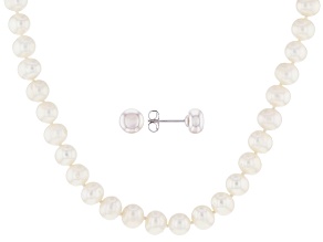 White Cultured Freshwater Pearl Rhodium Over Sterling Silver Necklace & Earring Set