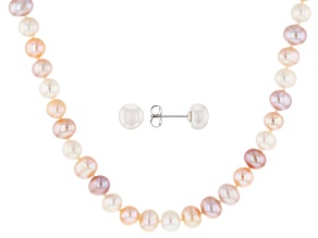 Multi-Color Cultured Freshwater Pearl Rhodium Over Sterling Silver Necklace & Earring Set