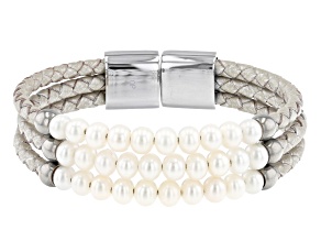White Cultured Freshwater Pearl Stainless Steel With Gray Imitation Leather Bracelet